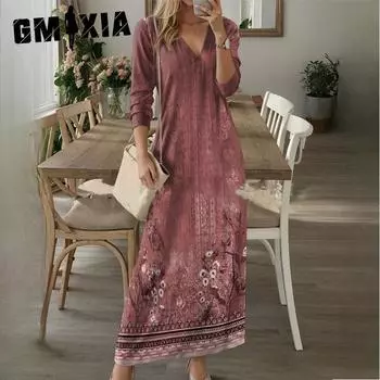 GMXIA Весенне-осеннее женское платье с принтом и длинным рукавом, длинное платье S