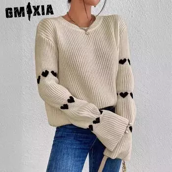 GMXIA Весенне-осенний свитер-пуловер Loose Love Jacquard Sweater Women S белый