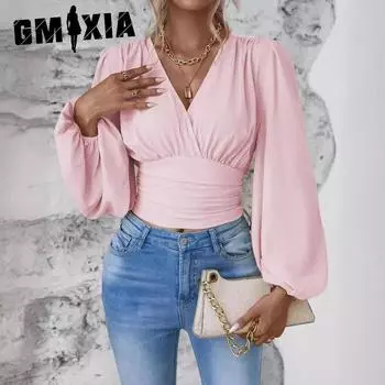 GMXIA Весенне-осенняя мода на талии с V-образным вырезом и рукавами, однотонная футболка с оборками, женский топ с длинными рукавами S