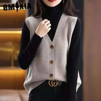 GMXIA Весенне-осенняя складчатая одежда, облегающий, простой, свободный, однотонный, вязаный кардиган, жилет, свитер, женская жилетка, одежда One size чёрный