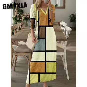 GMXIA Весенне-осенняя женская цифровая печать V-образный вырез длинный рукав длинное платье S