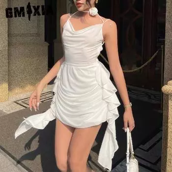 GMXIA Весеннее чистое сексуальное платье с v-образным вырезом и трехмерной цветочной лентой, тонкое платье со специями S белый