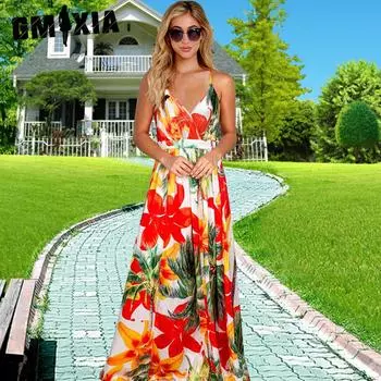 GMXIA Весеннее летнее платье в стиле бохо с цветочным принтом Сексуальное длинное платье с бретелью через шею Женская одежда больших размеров S белый