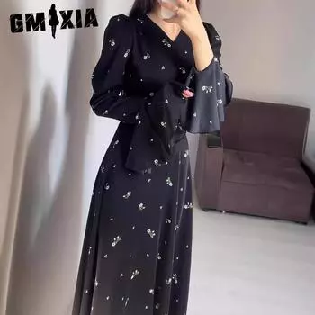 GMXIA Весеннее нежное ветровое платье с рукавами лотоса на талии и цветочным принтом, длинная юбка S чёрный