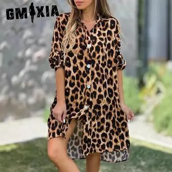 GMXIA Весеннее свободное повседневное платье с воротником-поло и леопардовым принтом на пуговицах S хаки