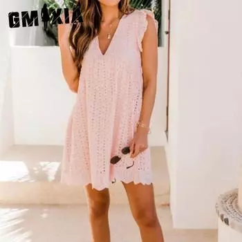 GMXIA Весенние и летние женские кружевные жаккардовые платья с вырезом и V-образным вырезом XS белый