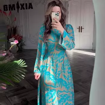 GMXIA Весенний принт для похудения, экзотическое женское платье средней длины с длинными рукавами S оранжевый