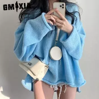 GMXIA Весенний ретро свободный и ленивый V-образный вырез с подвернутым краем и разрезом модный пуловер свитер для женщин Uniform size белый