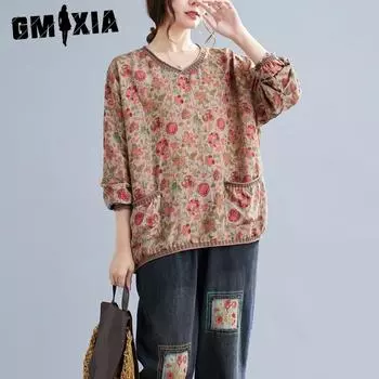 GMXIA Весенний тонкий ретро-хлопковый конопляный осенний длинный рукав свободный трикотажный пуловер большого размера для женщин Uniform size