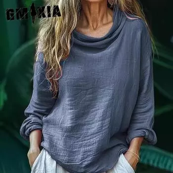 GMXIA Весенний женский повседневный свободный модный длинный рукав однотонный ворсовый воротник пуловер плиссированный топ S розы красного