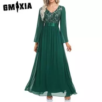 GMXIA Весеннее шифоновое сращивание пайеток длинная юбка V-образный вырез длинный рукав А-образный вырез эластичный пояс вечернее платье для женщин S