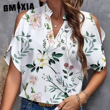 GMXIA Весенняя женская свободная базовая рубашка с открытыми плечами и V-образным вырезом S