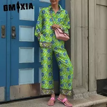 GMXIA Весна и осень комплект женской рубашки с длинным рукавом городской индивидуальности модный бренд 3D цифровая печать досуг 25 видов женской одежды S