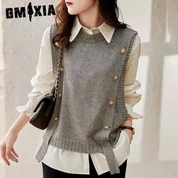 GMXIA Весна и осень O-образный вырез Повседневная иностранная мода Трикотажный жилет на пуговицах Свитер Женская блузка Свитера one size fits all серый