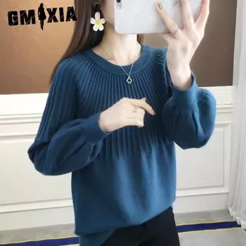 GMXIA Весна и осень О-образный вырез пуловер модный свитер женский свободный короткий фонарь рукав трикотажная основа рубашка носить One size розовый