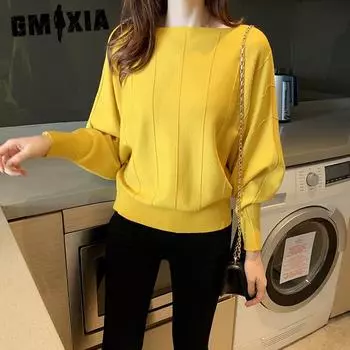 GMXIA Весна и осень Тонкий свежий милый однотонный воротник рукав летучая мышь свободный свитер женская трикотажная базовая рубашка One Size белый
