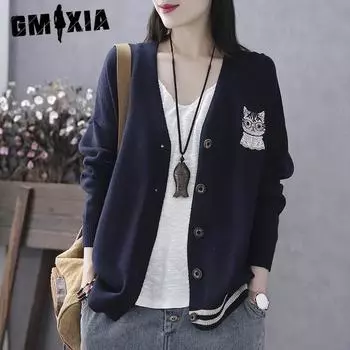 GMXIA Весна и осень в студенческом стиле, свежий, милый, с вышивкой котенка, тонкий трикотажный кардиган с V-образным вырезом, женское пальто One size
