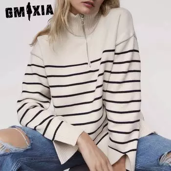 GMXIA Весна и осень ZA свитер полумолния полуводолазка свободный полосатый вязаный свитер S