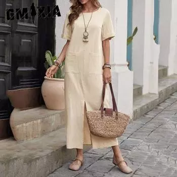 GMXIA Весна/Лето Большие размеры Свободное повседневное платье из хлопка и льна с круглым вырезом и короткими рукавами Неровный подол Сращивание S бежевый
