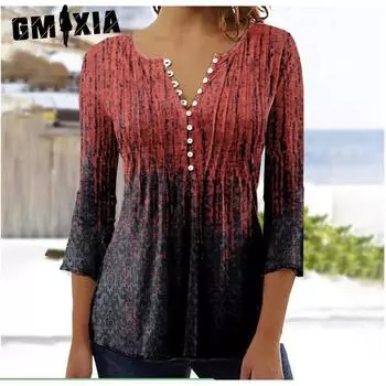 GMXIA Весна-лето Модная женская футболка с цветочным принтом и V-образным вырезом, коротким рукавом, на пуговицах S красный