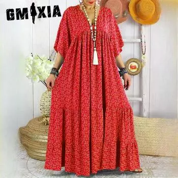 GMXIA Весна-Лето Нестандартные Разноцветные Длинные Большие Платья-Свинг с V-образным вырезом и размерами S красный