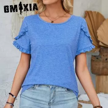 GMXIA Весна-лето О-образный вырез рукава-лепестка сращивание однотонная футболка свободный топ S синий