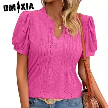 GMXIA Весна-Лето Однотонная футболка с V-образным вырезом и свободным коротким рукавом S белый