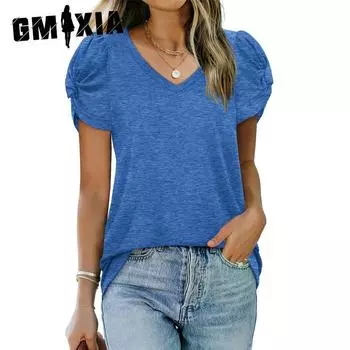 GMXIA Весна-лето однотонная футболка с V-образным вырезом и короткими рукавами для женщин S белый