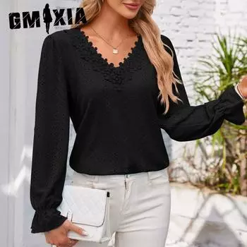 GMXIA Весна-лето Однотонная Свободная футболка с длинным рукавом и V-образным вырезом для женщин S белый