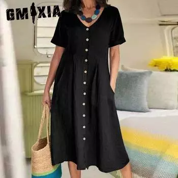 GMXIA Весна/Лето Однотонное Свободное Хлопковое Льняное Платье с Высокой Талией S белый