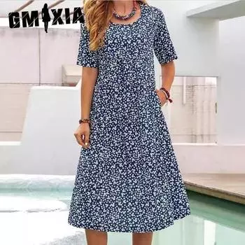 GMXIA Весна-лето с цветочным принтом и круглым вырезом, карманом на шее и коротким рукавом, повседневное платье-рубашка миди S жёлтый