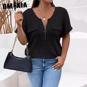 GMXIA Весна-лето, сплошной цвет, большие размеры, женский топ на молнии с коротким рукавом, пуловер с карманами, футболка, свободная XL чёрный