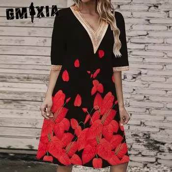 GMXIA Весна Лето Трикотажные Платья С Набивным Рисунком Кружева V-образный Вырез Свободные Короткие Рукава Миди Платья S