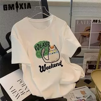 GMXIA Весна-лето женская футболка с рисунком из мультфильма Футболка с коротким рукавом из чистого хлопка Женская дизайнерская футболка с повседневным топом S