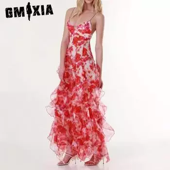 GMXIA Весна-лето Женское модное шифоновое платье с открытыми плечами в стиле феи с длинными рукавами S синий