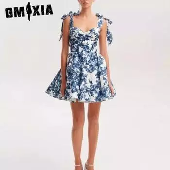 GMXIA Весна-Лето Женское Модное Вечернее Платье С Открытыми Плечами Из Органзы Феи Короткое S небесно-голубой