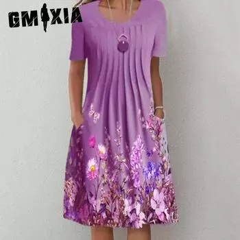 GMXIA Весна/Лето Женское Платье Миди С Цветочным Принтом О-Образным Вырезом Карман S белый