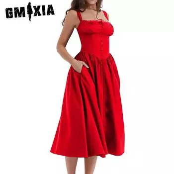 GMXIA Весна-лето Женское платье с бретелью через шею и запахом на груди с цветочным принтом, однотонное платье с длинной юбкой S чёрный