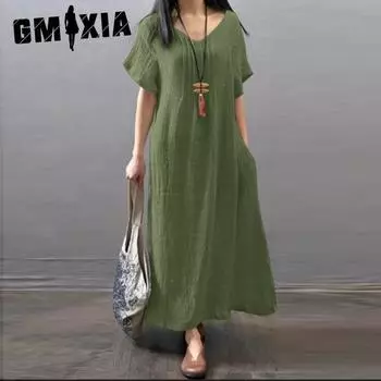 GMXIA Весна/Лето Женское Свободное Повседневное Платье Из Хлопка и Льна Однотонные Цвета С Карманами S армия зеленый
