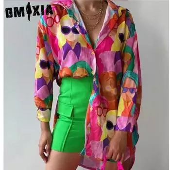 GMXIA Весна Осень Длинный Рукав Поло Воротник Принтованная Рубашка Средней Длины Для Женщин S синий