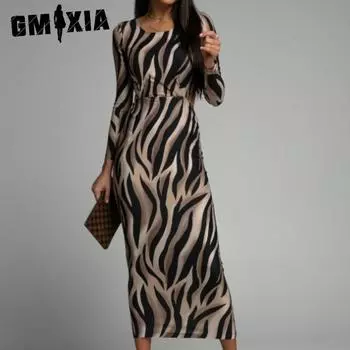 GMXIA Весна-осень O-образный вырез, облегающее однотонное платье с разрезом и халтером, длинная юбка S чёрный