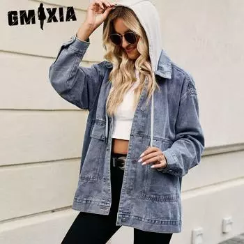 GMXIA Весна-Осень Однотонный Принт Универсальный Утягивающий Ретро Классический Свободный Джинсовый Повседневный Топ Куртка для Женщин S черный серый