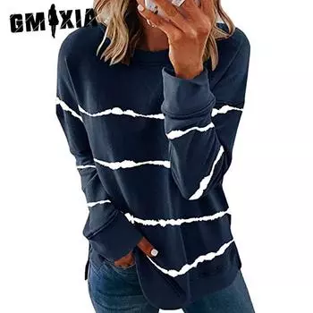 GMXIA Весна Осень Tie Dye Printed Striped O-Neck Свободная толстовка с длинным рукавом для женщин Футболка S чёрный