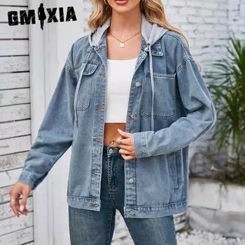 GMXIA Весна Осень Женская винтажная стираная джинсовая куртка Верхняя часть с воротником-поло Длинные рукава Куртки и пальто S светло-синий