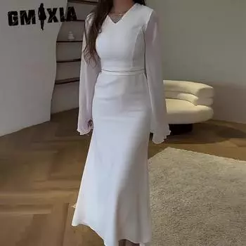 GMXIA Весна Осень Женское Осеннее Модное Платье-Карандаш с V-образным вырезом, длинными рукавами и запахом на бедрах S белый