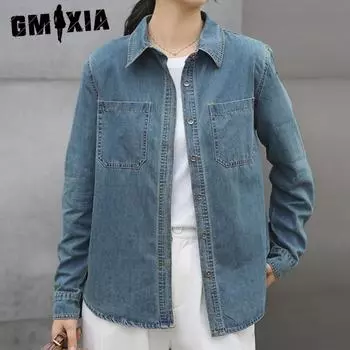 GMXIA Винтажная рубашка Do Old Blue из мягкого денима, женская осенняя рубашка All-in-one с длинным рукавом и складками на плечах S синий