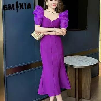 GMXIA Винтажное фиолетовое платье выше колена с v-образным вырезом, элегантное темпераментное тонкое платье с пышными рукавами и рыбьим хвостом S