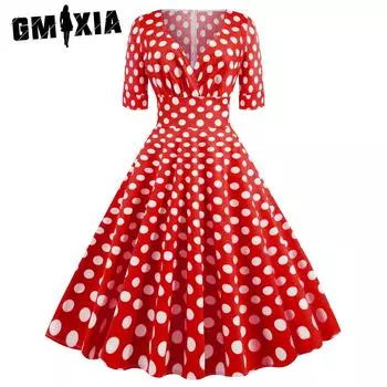 GMXIA Платье с принтом в горошек, винтажное, лето-весна, V-образным вырезом, короткими рукавами, юбка помпадур S белый