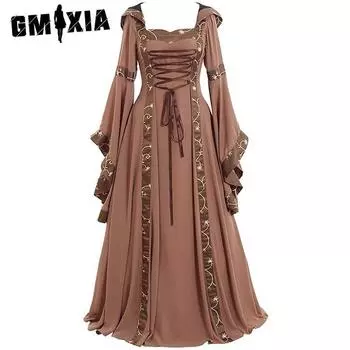 GMXIA Винтажное платье-халат с капюшоном, квадратным воротником, однотонным кружевом, расклешенными рукавами S хаки