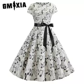GMXIA Винтажное женское свободное платье с черной лентой и сумкой с круглым вырезом и рукавами с принтом S белый